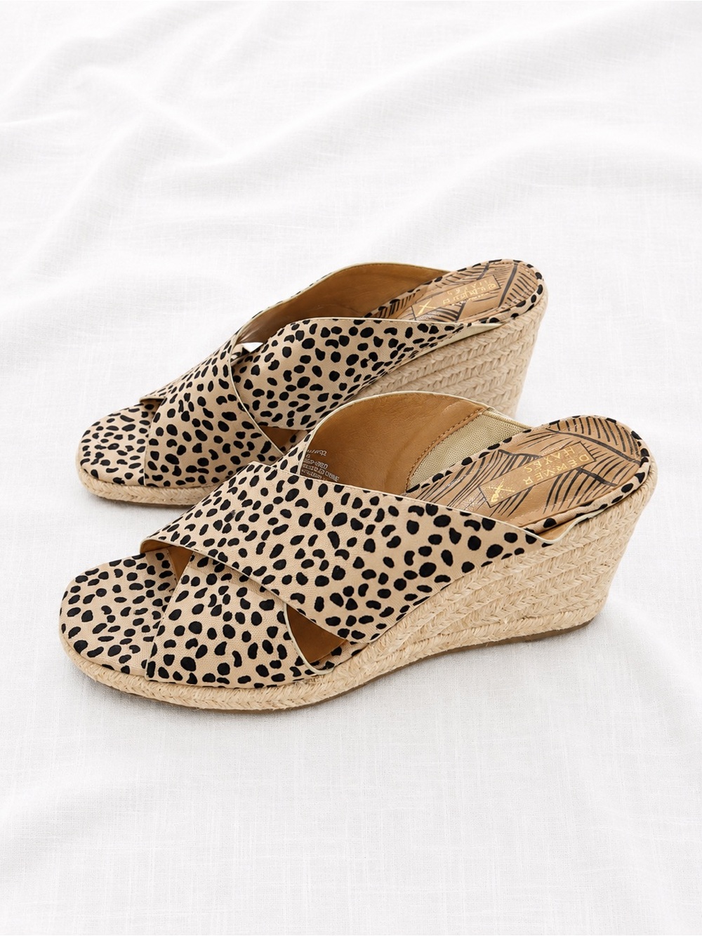 Denver Hayes Beige and Black Leopard Espadrille Wedge Sandals
